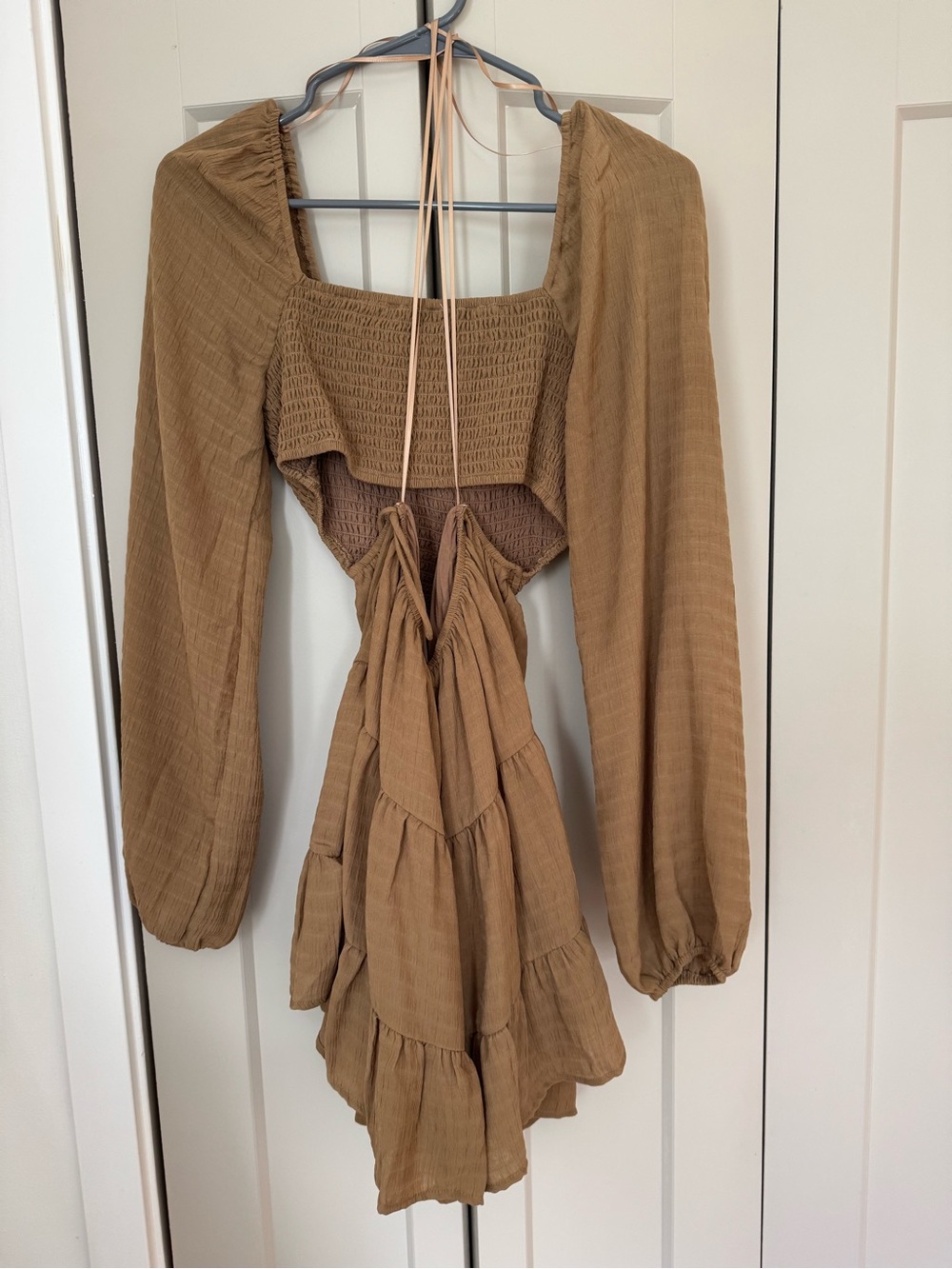 12th Tribe Brown Smocked Puff-Sleeve Tiered Mini Dress - Picture 4 of 5